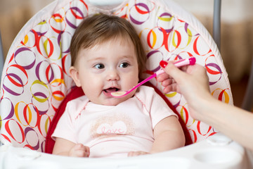 Fototapeta na wymiar baby eating food with mother help