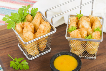 Chicken Goujons- Breaded and deep fried chicken pieces.
