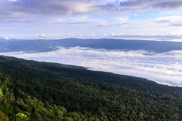 Morning mist with mountain in Phu Kradueng national park ,Loei Thailand.