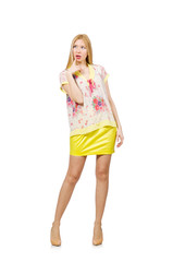 Woman in yellow clothing isolated on white