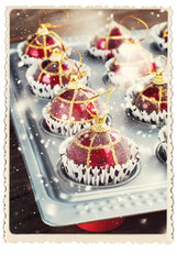 Retro Card with Fir Tree Toys in Baking Sheet. Funny Christmas