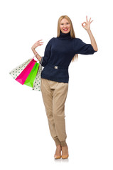 Tall woman with plastic bags isolated on white