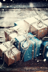 Festive Boxes with Linen Cord. Drawn Snow