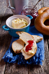 Bagel with butter and jam