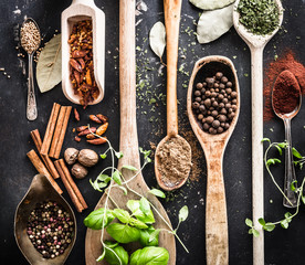 wooden spoons with spices and herbs 