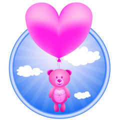 Pink bear flying on a balloon in the shape of a heart .