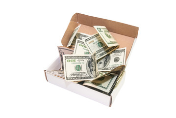 Heap of hundred dollar bills in a big present box. isolated