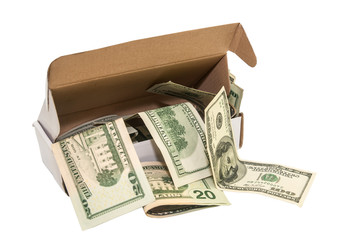 Heap of hundred dollar bills in a big present box. isolated