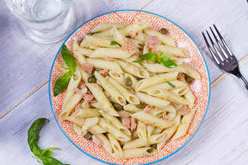 Tuna, basil and caper penne. Top view.