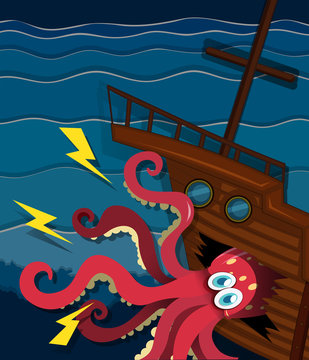 Giant octopus crashing a ship