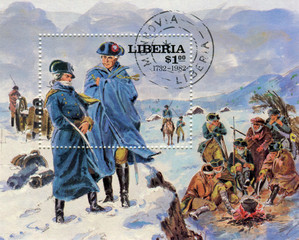 Plakat Liberia - circa 1982: a postage stamp issued by Liberia in circa 1982. Dedicated the Civil war in the United States.The battle of Yorktown 1862