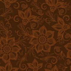 Henna Mehendy Doodles Seamless Pattern on a brown background