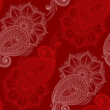 Henna Mehendy Doodles Seamless Pattern on a red background