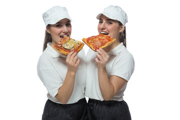 Twin sisters with pizza on white background