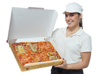 Smiling girl with different kinds of pizza