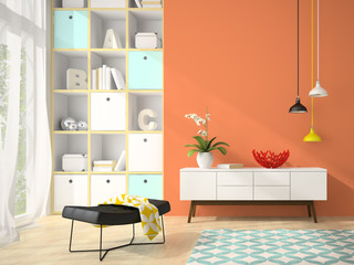 Interior of modern design room with red vase 3D rendering 3