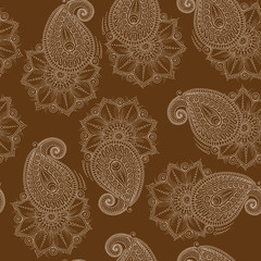Henna Mehendy Doodles Seamless Pattern on a brown background