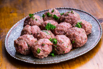 Meat balls. Italian and Mediterranean cuisine. Meat balls with spaghetti and tomato sauce. traditional kitchen. 