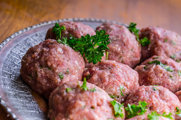 Meat balls. Italian and Mediterranean cuisine. Meat balls with spaghetti and tomato sauce. traditional kitchen. 