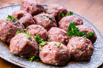 Meat balls. Italian and Mediterranean cuisine. Meat balls with spaghetti and tomato sauce. traditional kitchen. 