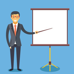 Happy businessman with pointer and presentation board with empty space flat illustration