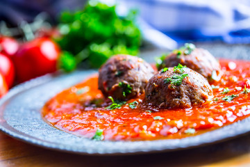 Meat balls. Italian and Mediterranean cuisine. Meat balls with spaghetti and tomato sauce. traditional kitchen. 