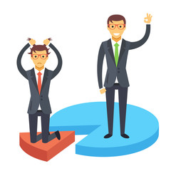 Happy and disappointed businessmen standing on chart pieces. Business success and failure. Flat illustration