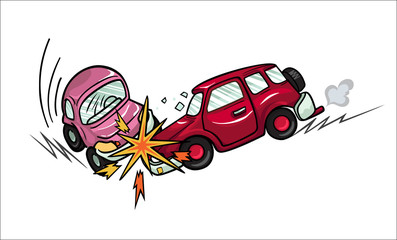 Illustration of two cartoon cars involved in a car wreck. Isolated on white background. 