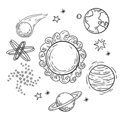  planets Doodle, hand drawn vector illustration.