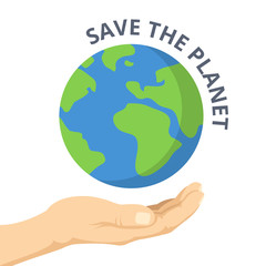 Save the planet. Hand palm and Earth. Vector flat illustration