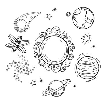  planets Doodle, hand drawn vector illustration.