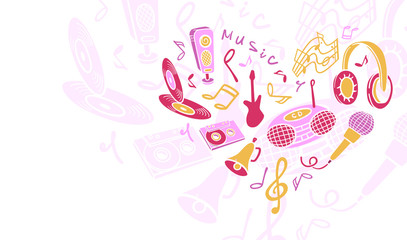 Template musical objects. Stylized illustration of a tape recorder, microphone, music, guitar, headphones, audio cassettes, compact discs, speakers.