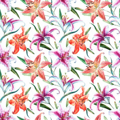 Raster tropical watercolor lilly pattern