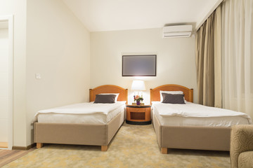 Interior of a double bed hotel bedroom