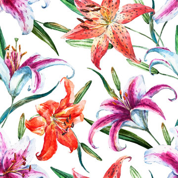 Vector tropical watercolor lilly pattern