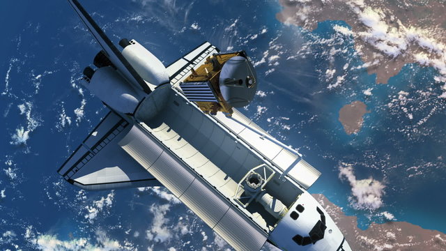 Space Shuttle Deploying Satellite. 3D Animation.