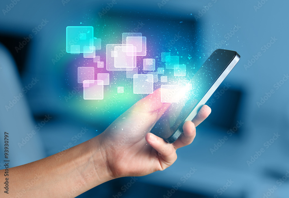 Poster hand holding smart phone with abstract glowing squares