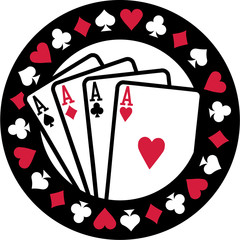 Poker emblem with four aces playing cards suits