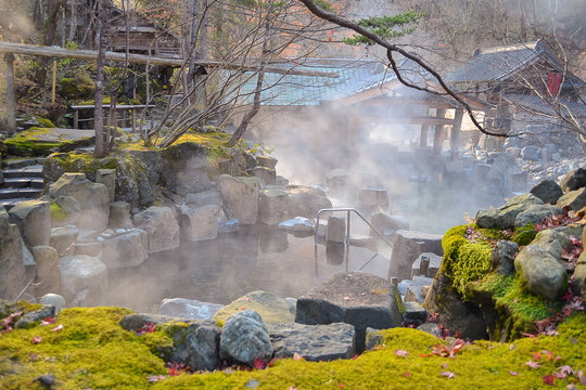 Outdoor Hot Spring, Onsen In Japan In Autumn