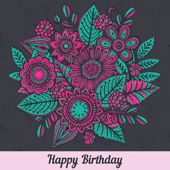 Vector template with hand drawn colorful doodle fancy flowers