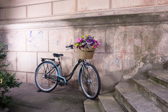 retro bike with a basket of flowers at the old wall
