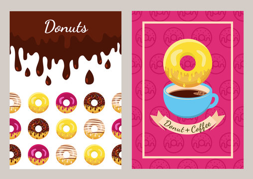 Set of vector design template with coffee and donuts pattern.