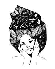 Poster de jardin Inspiration picturale illustration, portrait graphique en noir et blanc de femme