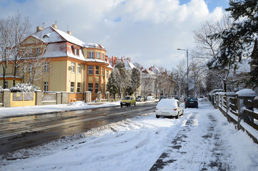 City street in winter Gliwice, Poland)