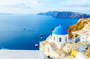 Fototapeta na wymiar Santorini view with famous church, Mediterranean sea, Greece