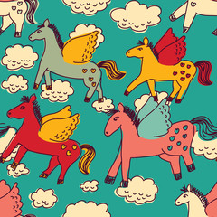 Horses and clouds color seamless pattern