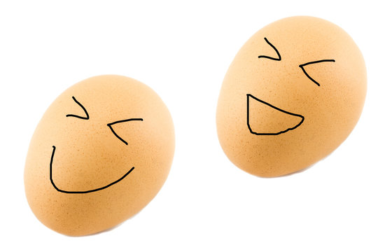 one brown egg with happy face on white background