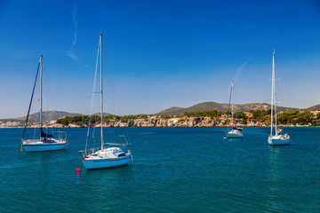 Fototapeta na wymiar small yachts in the bay of Portals Nous