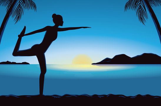 Silhouette of women exercise with yoga in seaside at the sunset time. This illustration meaning to peaceful feeling of yoga. This illustration design in blue theme.