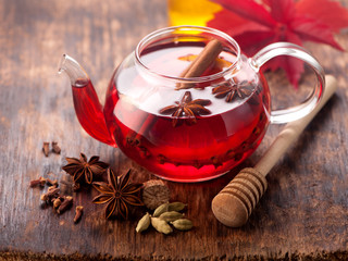 Hot drink mulled wine with spices and honey.